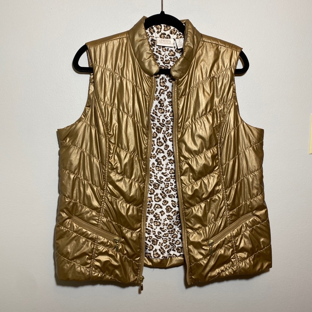 Chico's Collection Womens Gold Metallic Puffer Vest Leopard Lining Size 2 Large